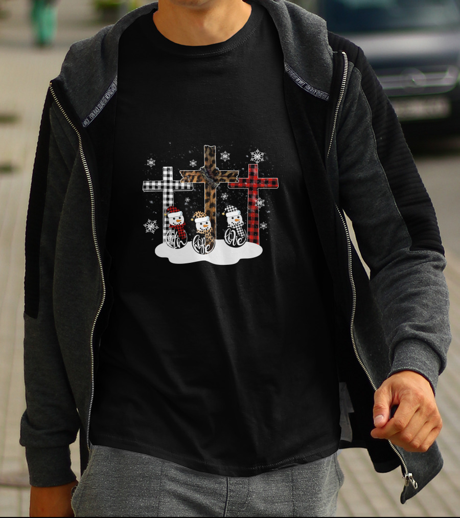 Leopard Plaid Snowman Faith Love Winter Crosses T-Shirt