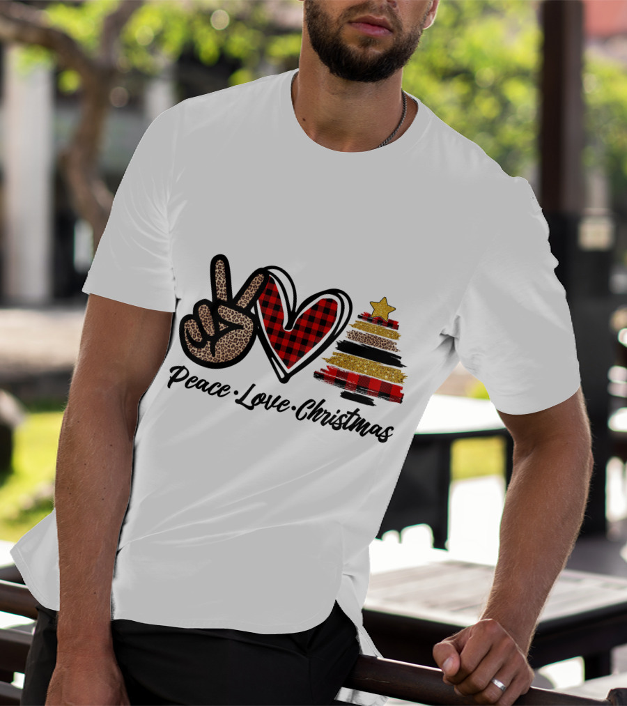 Peace Love Christmas Leopard Plaid Tree Star T-Shirt