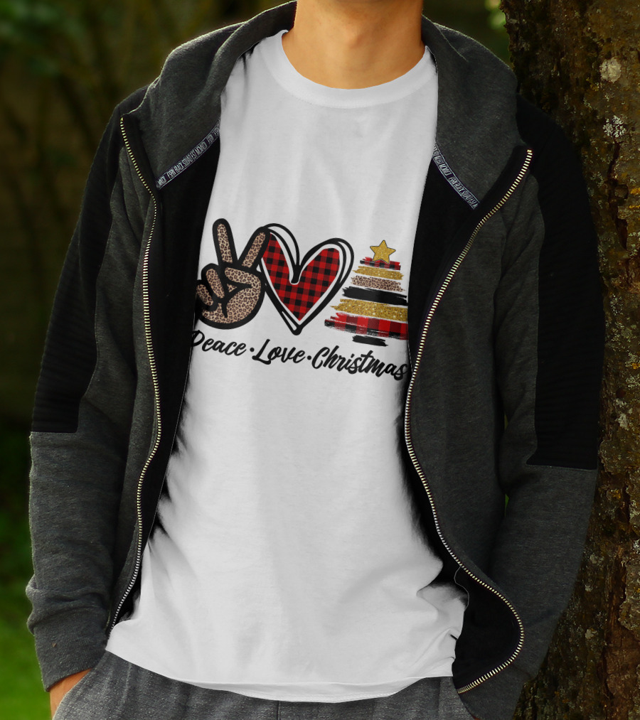 Peace Love Christmas Leopard Plaid Tree Star T-Shirt