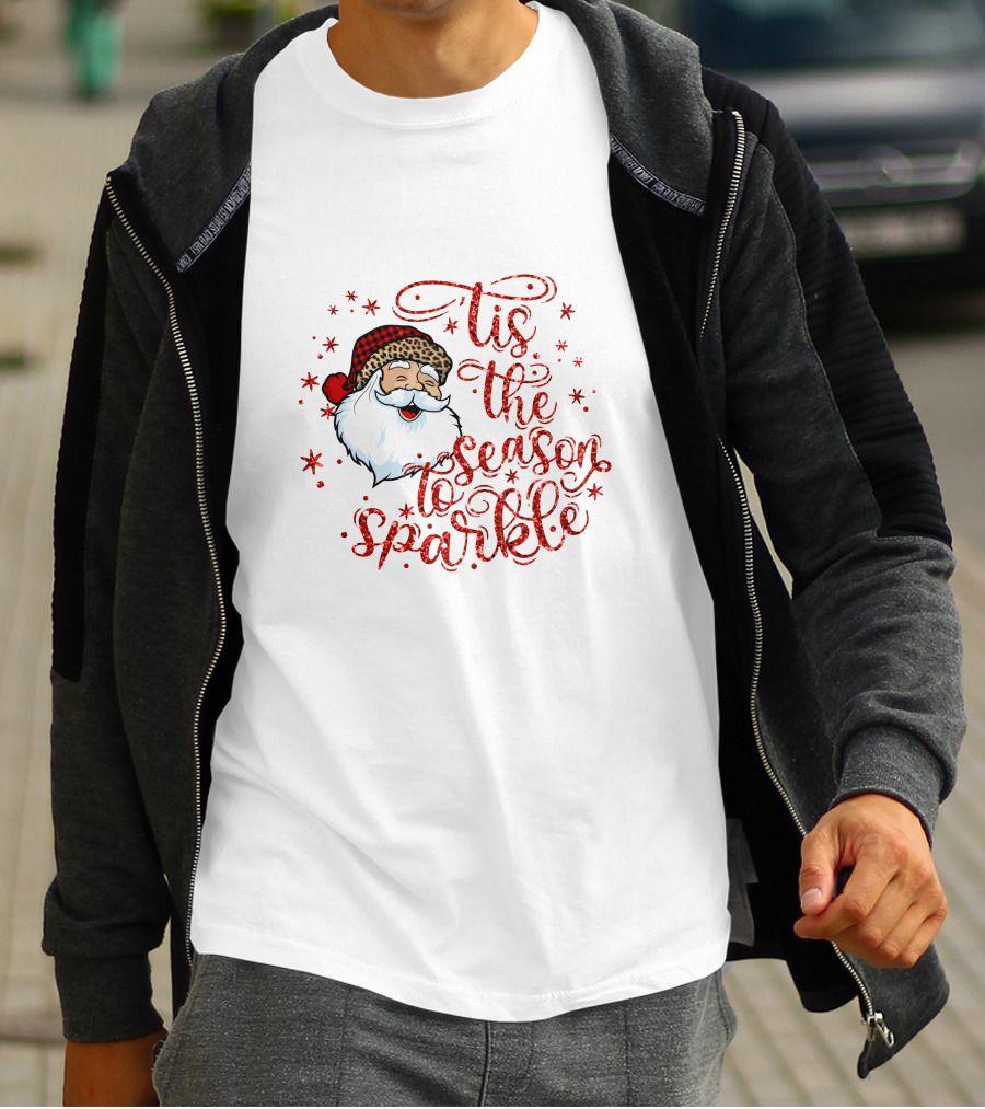 'Tis The Season To Sparkle Santa Hat Christmas Stars T-Shirt
