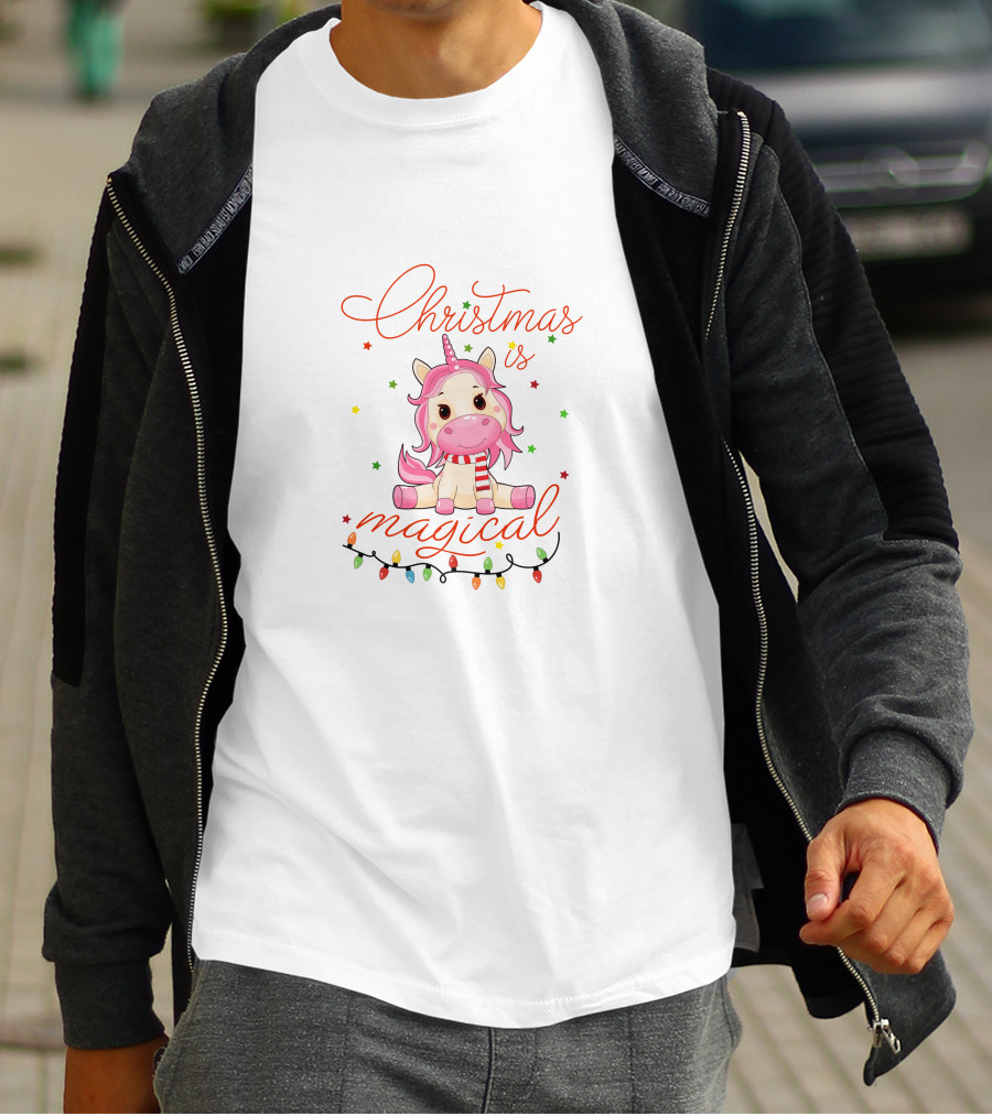 Christmas Is Magical Unicorn With Festive Lights And Stars T-Shirt