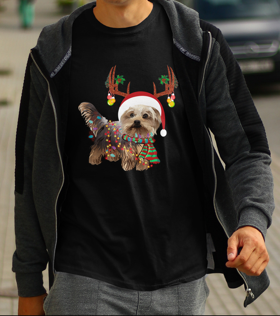 Christmas Cute Dog With Santa Hat And Reindeer Antlers T-Shirt