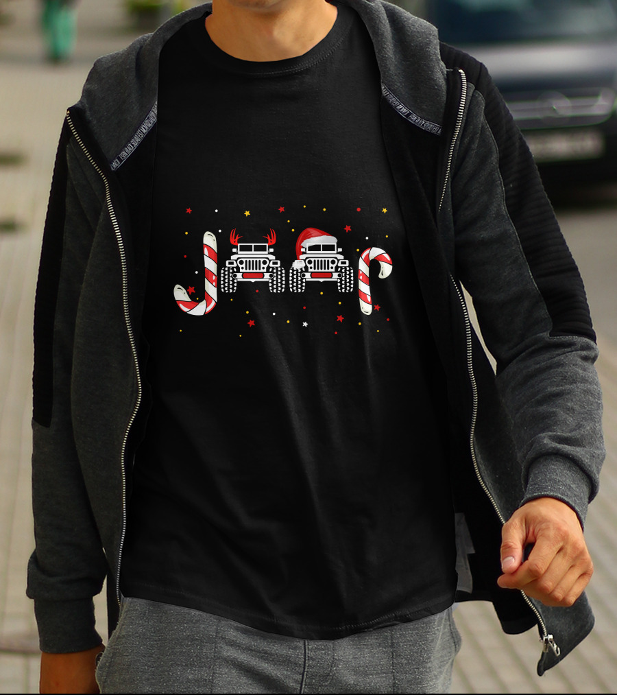 Jeep Christmas Candy Cane Reindeer Antlers Santa Hat T-Shirt