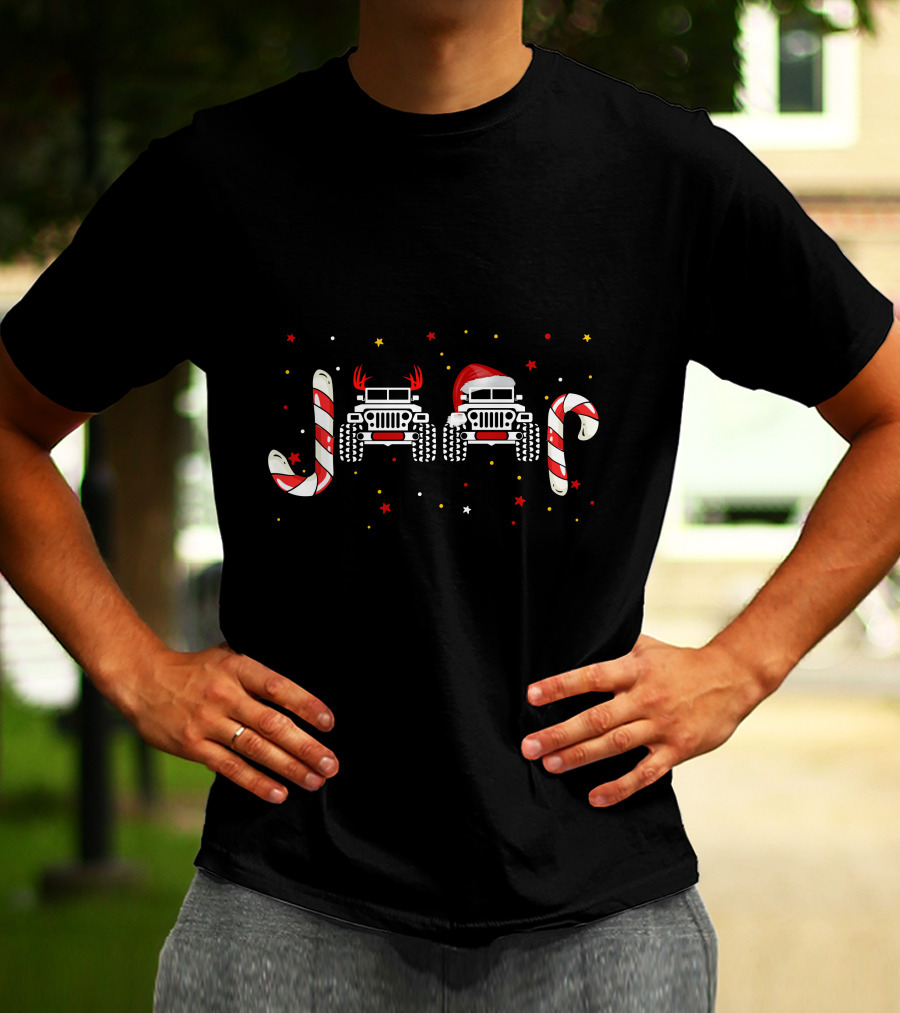 Jeep Christmas Candy Cane Reindeer Antlers Santa Hat T-Shirt