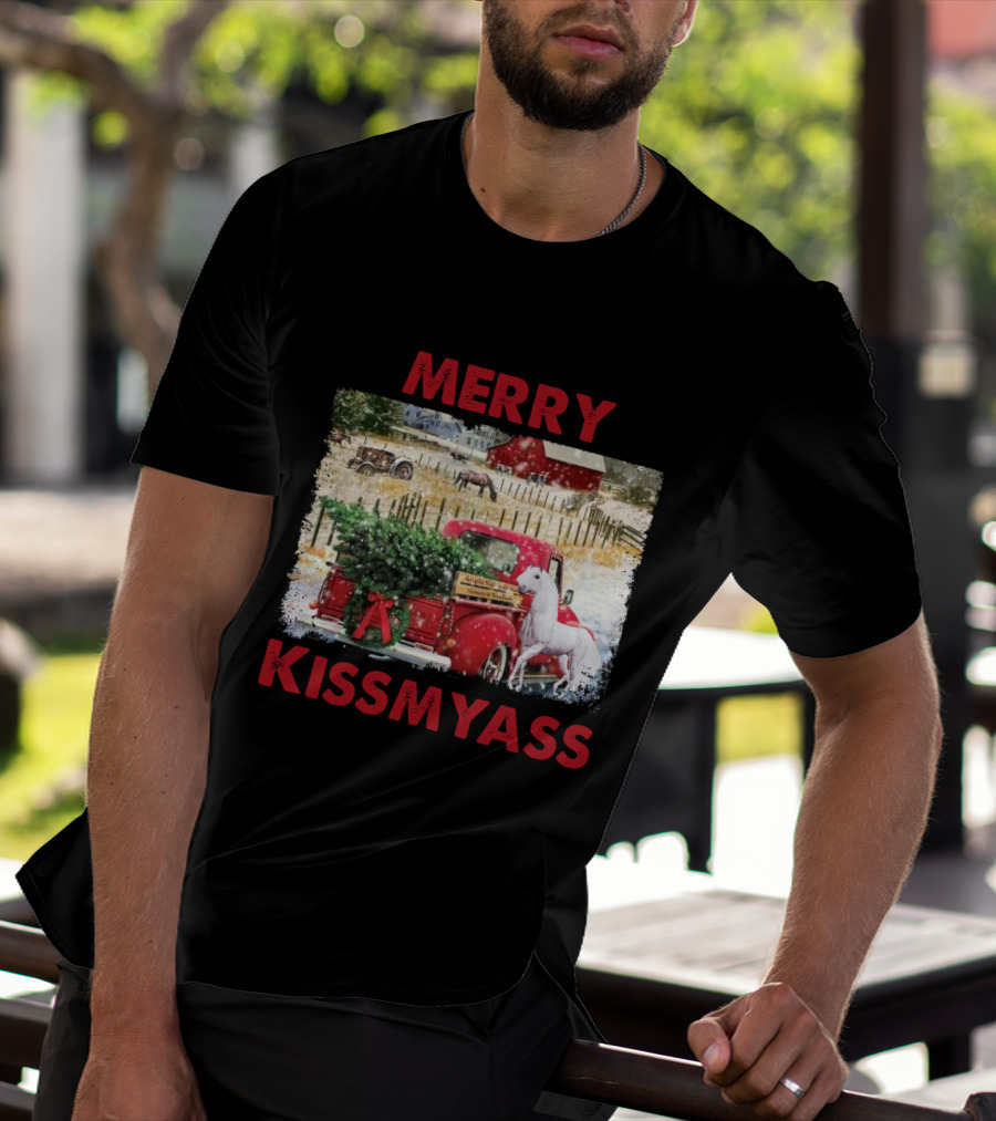 Merry Kissmyass Vintage Truck Christmas Scene With Horse In Snowy Farm Landscape T-Shirt