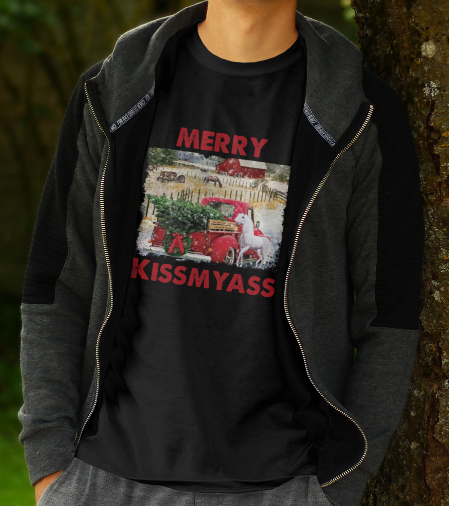 Merry Kissmyass Vintage Truck Christmas Scene With Horse In Snowy Farm Landscape T-Shirt