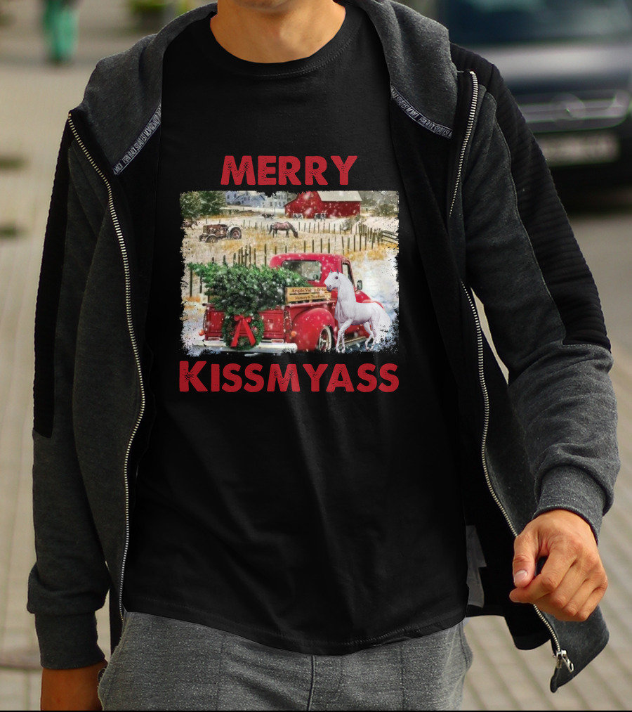Merry Kissmyass Vintage Truck Christmas Scene With Horse In Snowy Farm Landscape T-Shirt