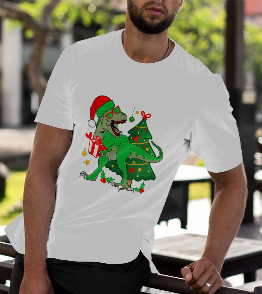Christmas Dinosaur Santa With Tree And Gift T-Shirt