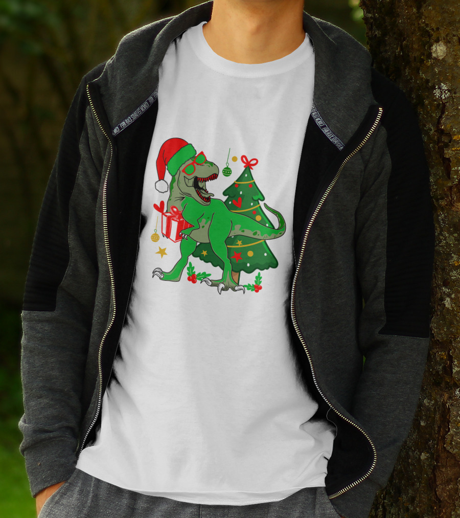 Christmas Dinosaur Santa With Tree And Gift T-Shirt