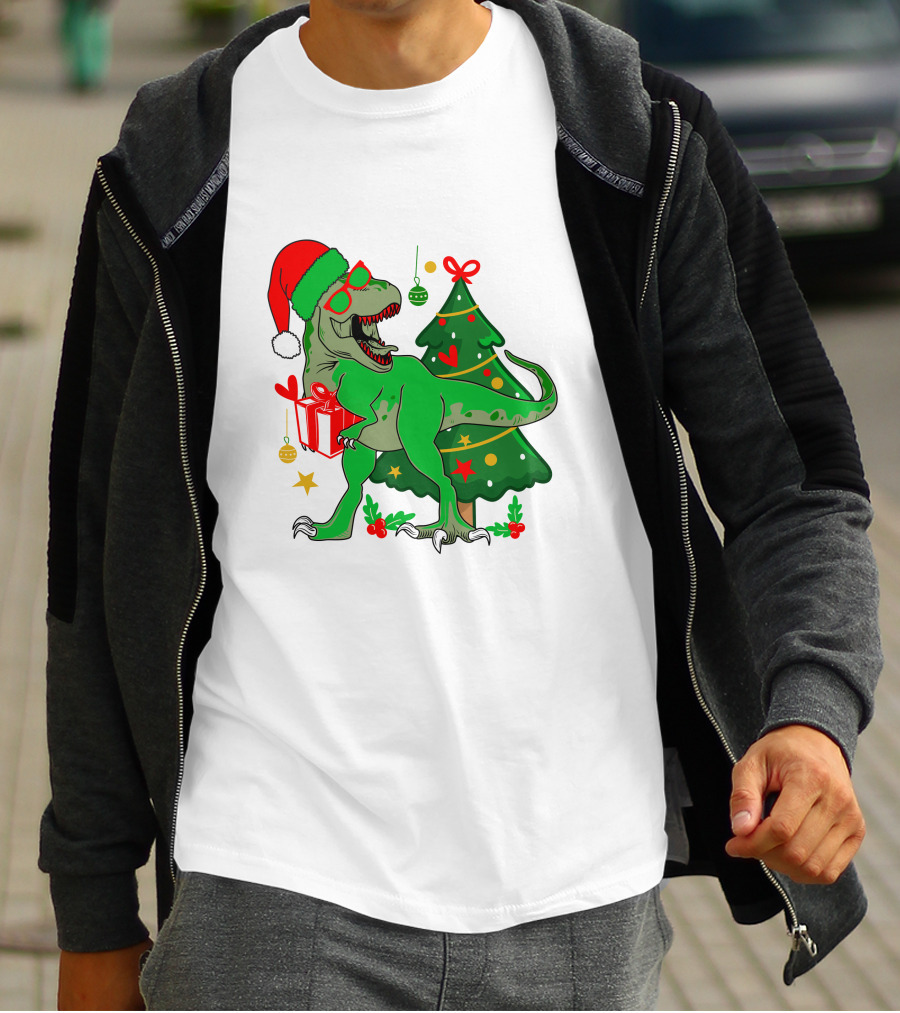 Christmas Dinosaur Santa With Tree And Gift T-Shirt