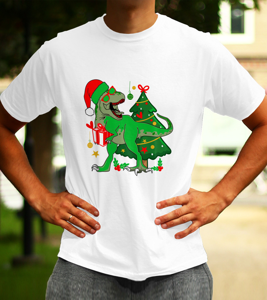 Christmas Dinosaur Santa With Tree And Gift T-Shirt