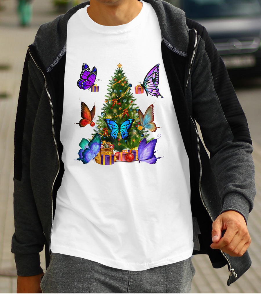 Butterfly Christmas Tree With Colorful Presents And Butterflies T-Shirt