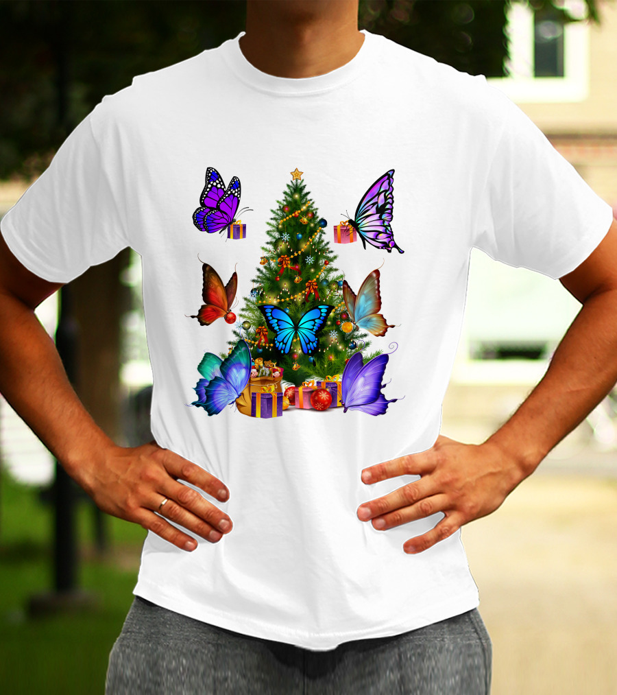 Butterfly Christmas Tree With Colorful Presents And Butterflies T-Shirt