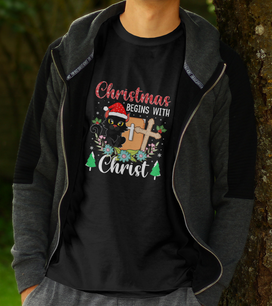Christmas Begins With Christ Cat Santa Hat Cross Flowers T-Shirt
