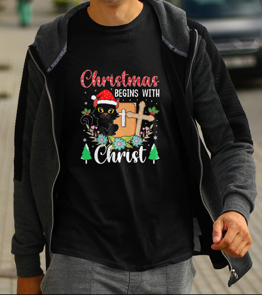Christmas Begins With Christ Cat Santa Hat Cross Flowers T-Shirt