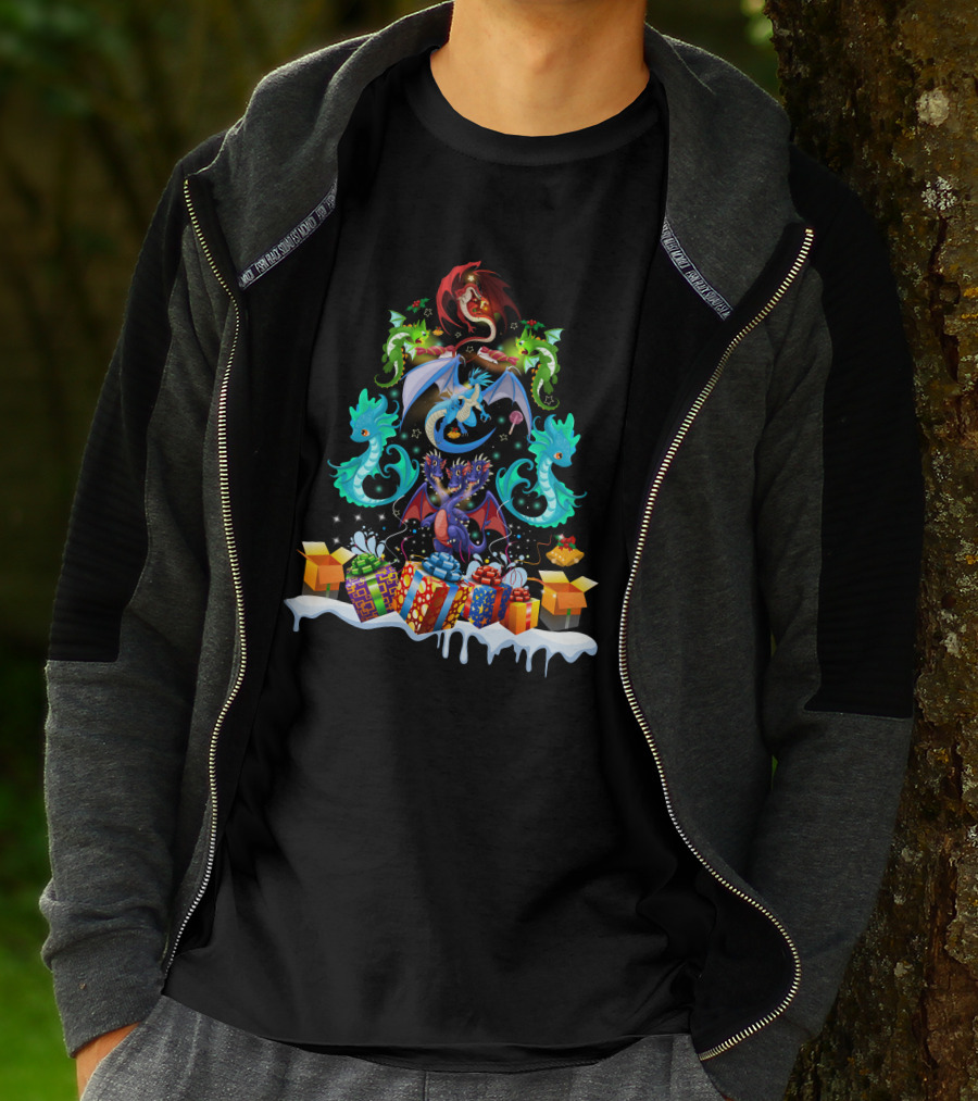 Christmas Dragon Family With Gift Boxes And Snowy Scene T-Shirt