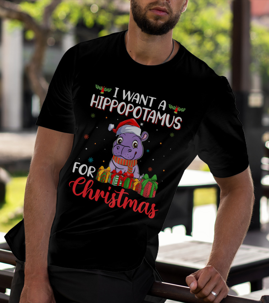 I Want A Hippopotamus For Christmas Santa Hat Present Boxes T-Shirt