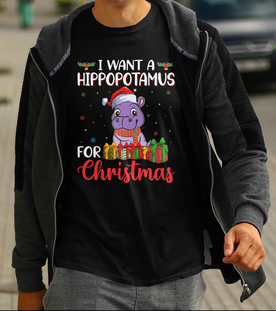I Want A Hippopotamus For Christmas Santa Hat Present Boxes T-Shirt