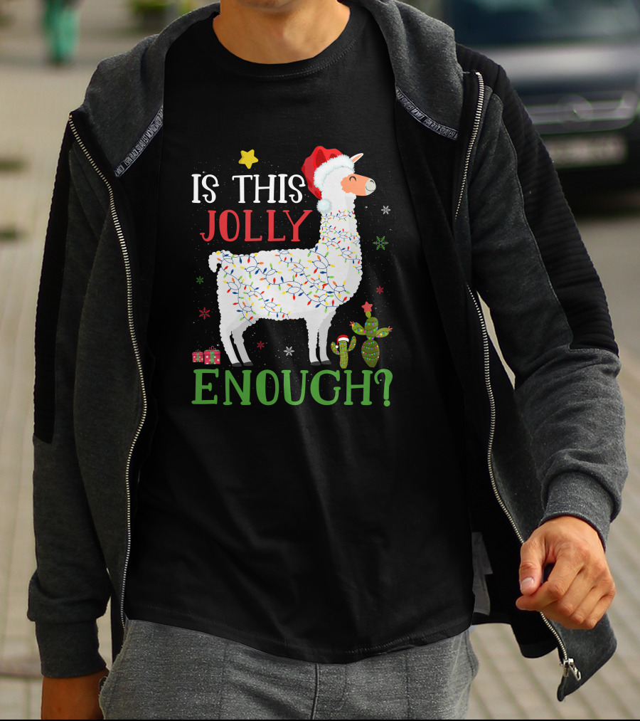 Is This Jolly Enough Christmas Lights Llama Santa Hat T-Shirt