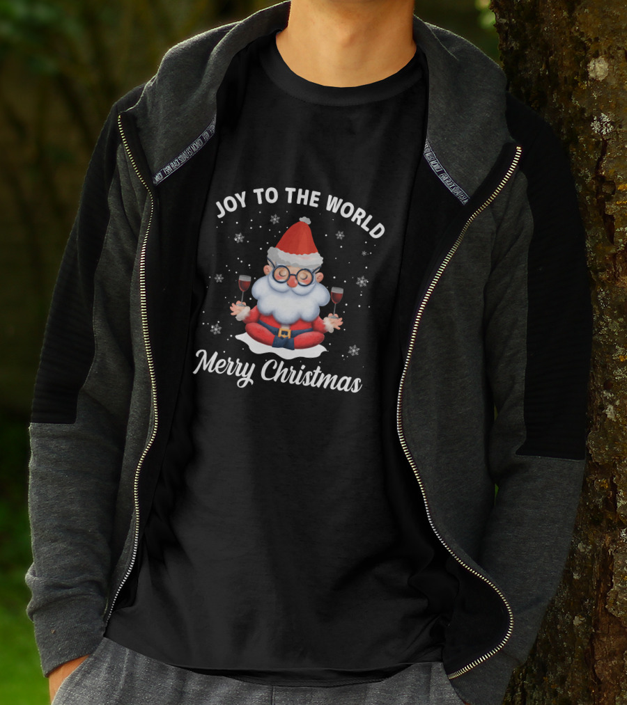 Joy To The World Merry Christmas Santa Meditation With Wine Snowflakes T-Shirt