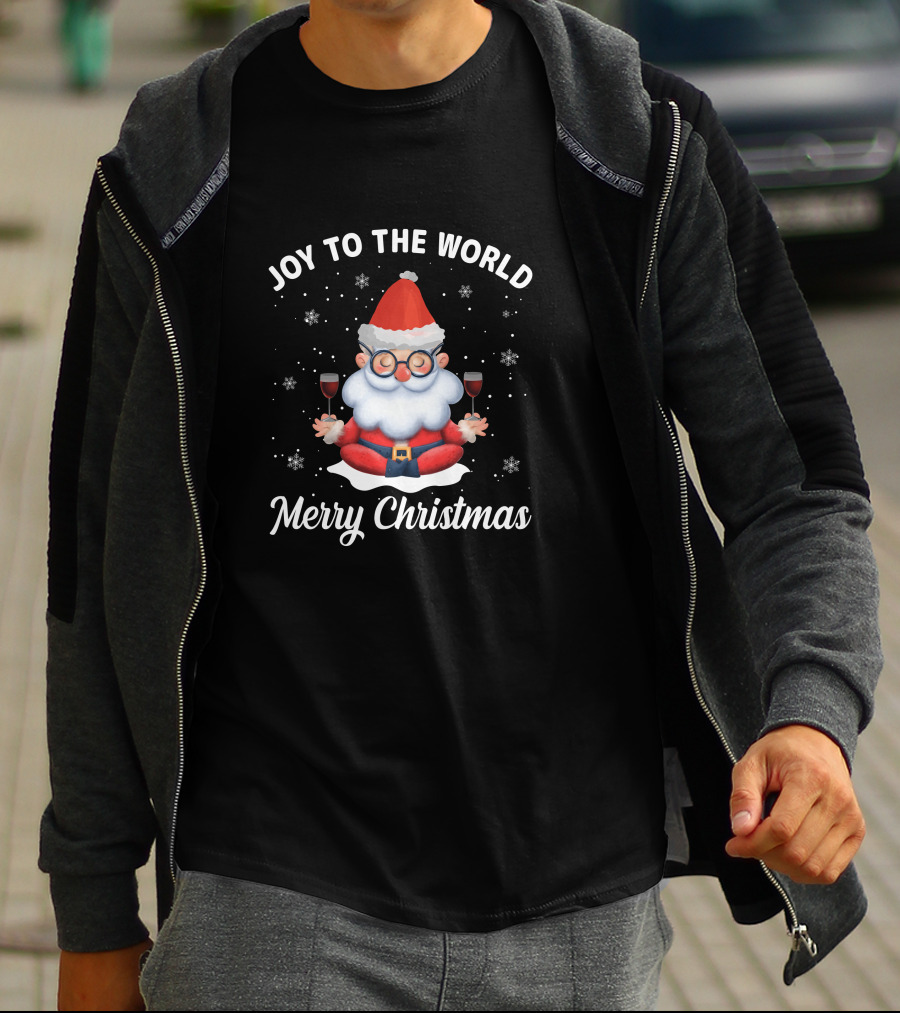 Joy To The World Merry Christmas Santa Meditation With Wine Snowflakes T-Shirt