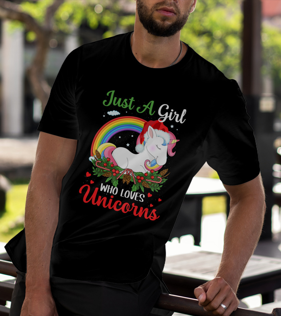 Just A Girl Who Loves Unicorns Rainbow Christmas Santa Hat T-Shirt