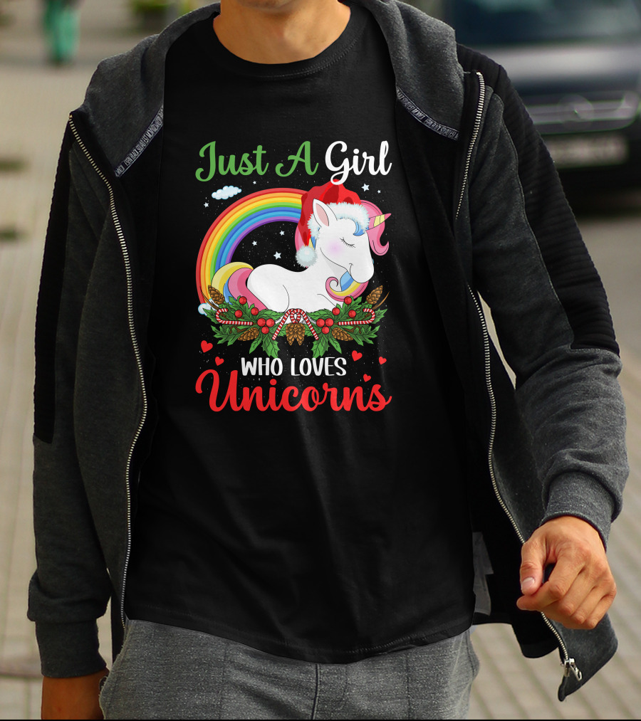 Just A Girl Who Loves Unicorns Rainbow Christmas Santa Hat T-Shirt