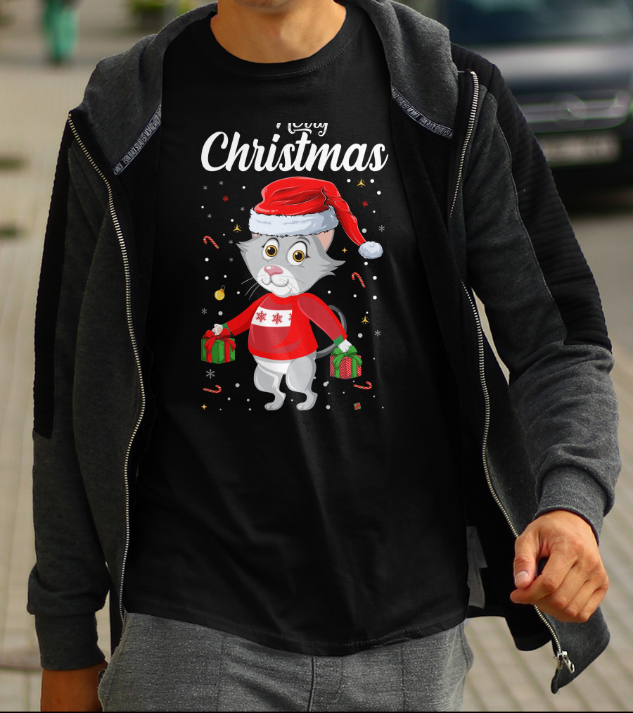 Merry Christmas Catboy With Santa Hat And Gifts T-Shirt