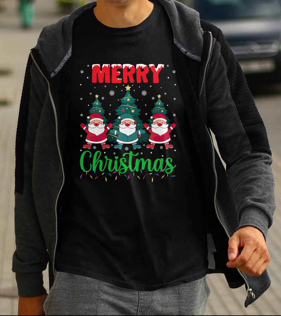 Merry Christmas Santa Gnome Snowflakes Trees Stars Lights T-Shirt