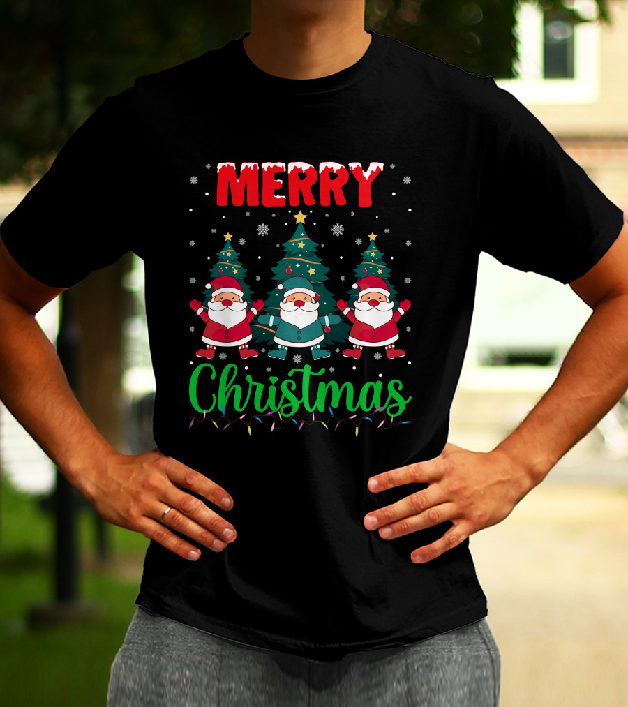 Merry Christmas Santa Gnome Snowflakes Trees Stars Lights T-Shirt
