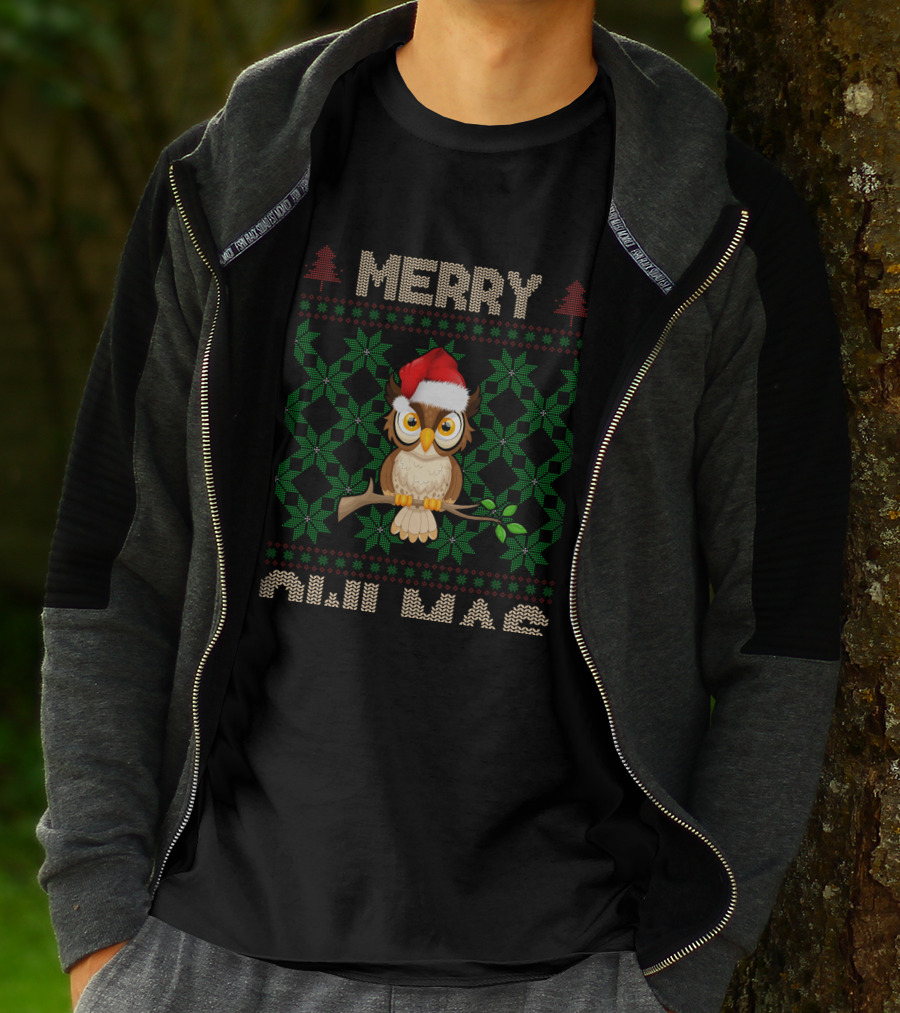 Merry Christmas Owl With Santa Hat And Knitted Tree T-Shirt