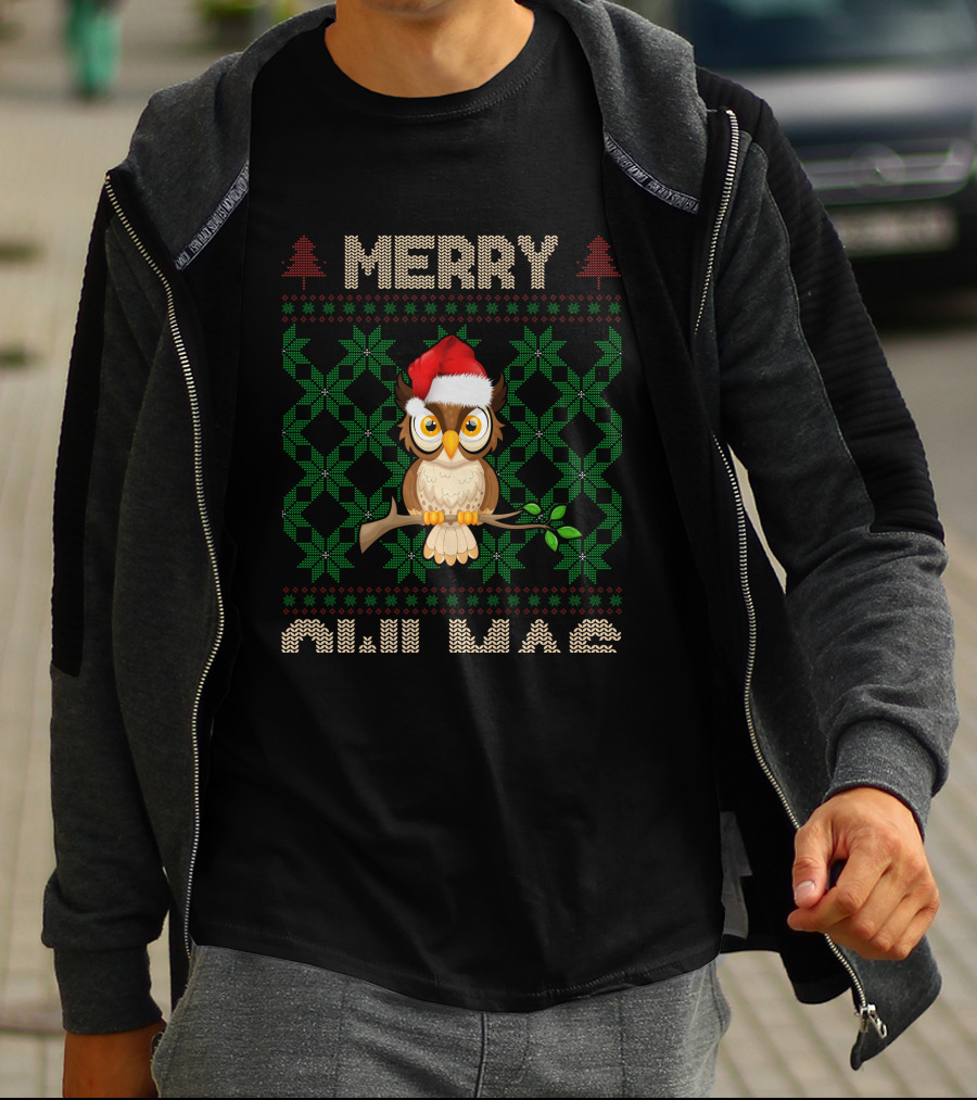 Merry Christmas Owl With Santa Hat And Knitted Tree T-Shirt