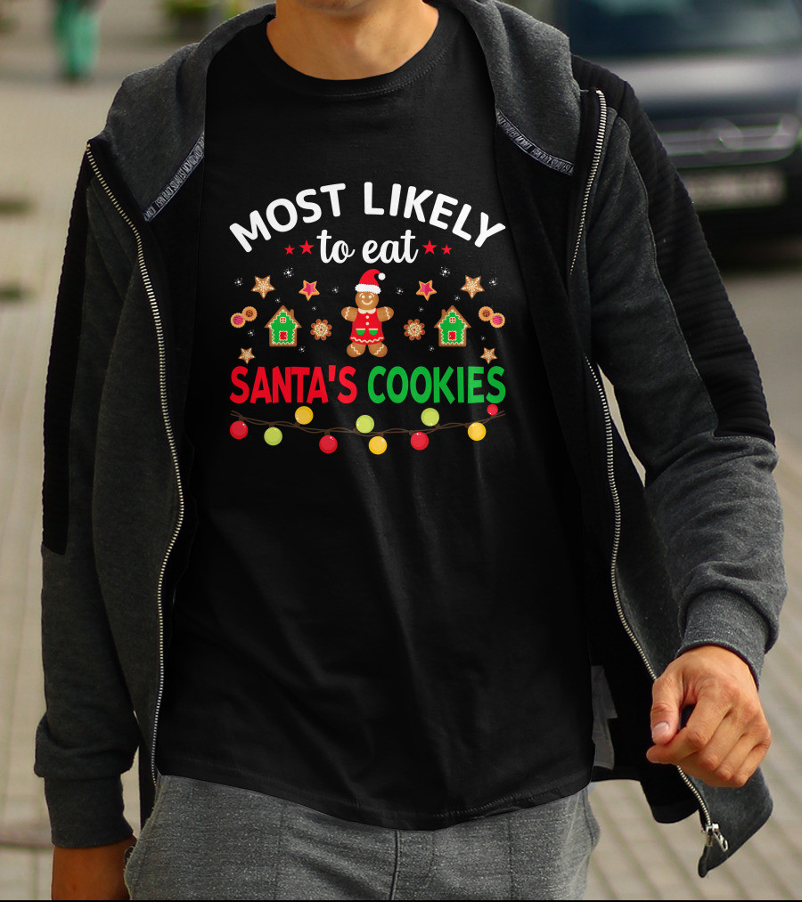 Most Likely To Eat Santa's Cookies Gingerbread Garland Christmas Lights T-Shirt