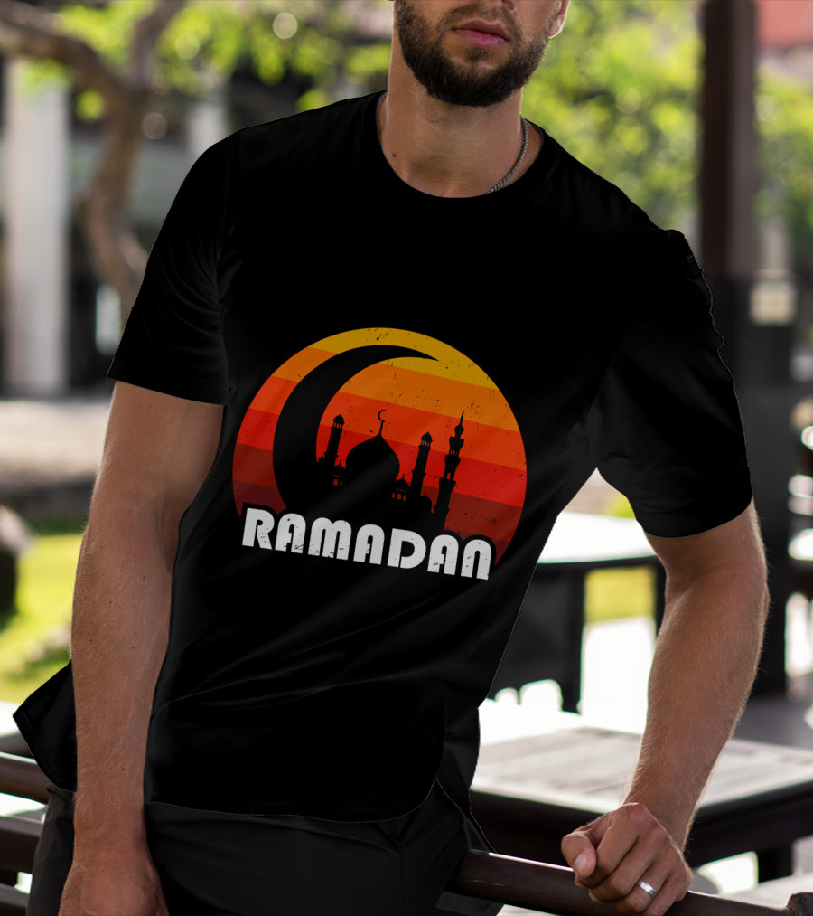 Ramadan Mosque Silhouette Crescent Moon Sunset Background T-Shirt