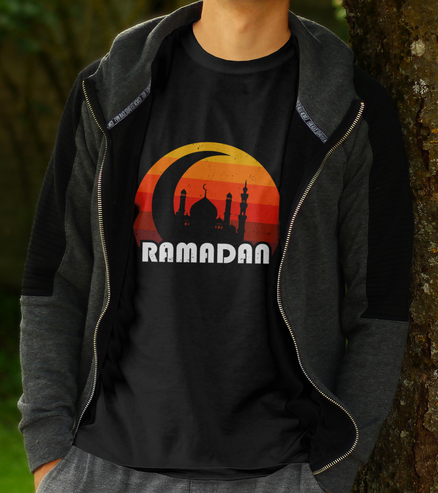 Ramadan Mosque Silhouette Crescent Moon Sunset Background T-Shirt