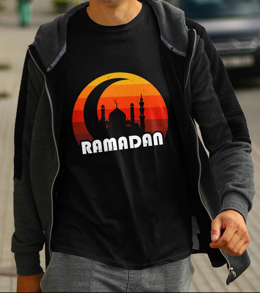 Ramadan Mosque Silhouette Crescent Moon Sunset Background T-Shirt