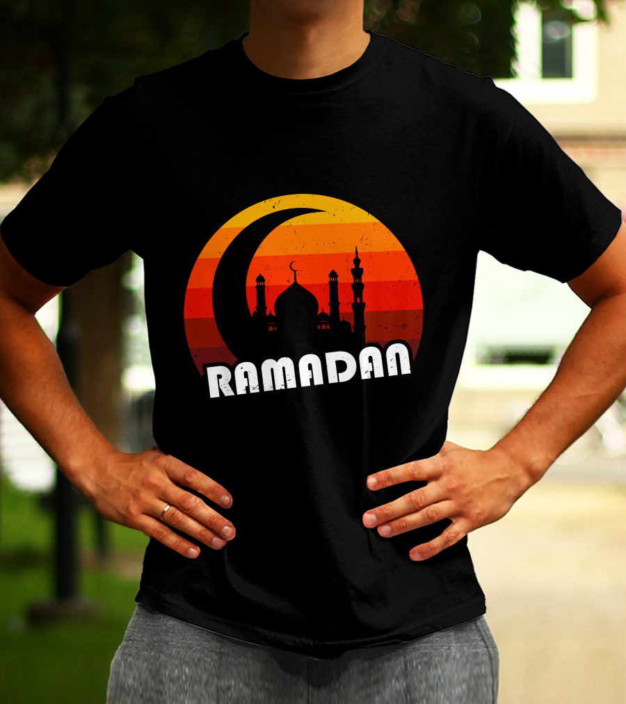 Ramadan Mosque Silhouette Crescent Moon Sunset Background T-Shirt