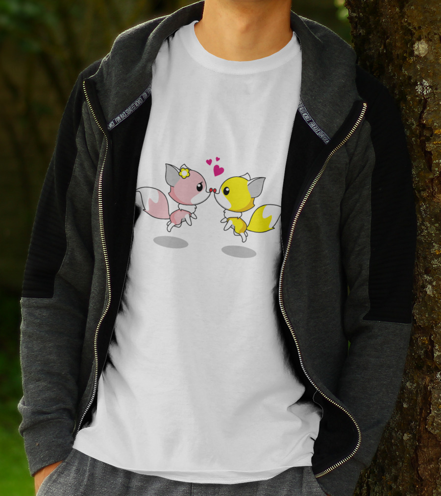 Cute Foxes In Love Kissing Hearts Blossom Yellow Pink Foxes T-Shirt