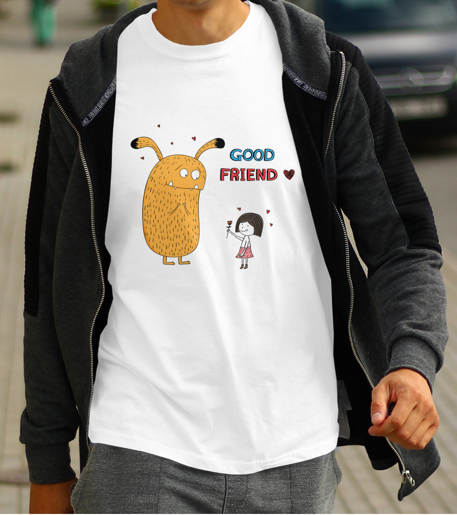 Good Friend Cute Monster And Girl With Hearts T-Shirt