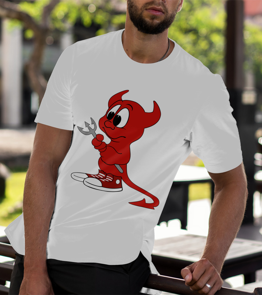 Devil In Sneakers Holding Pitch Fork Cartoon T-Shirt