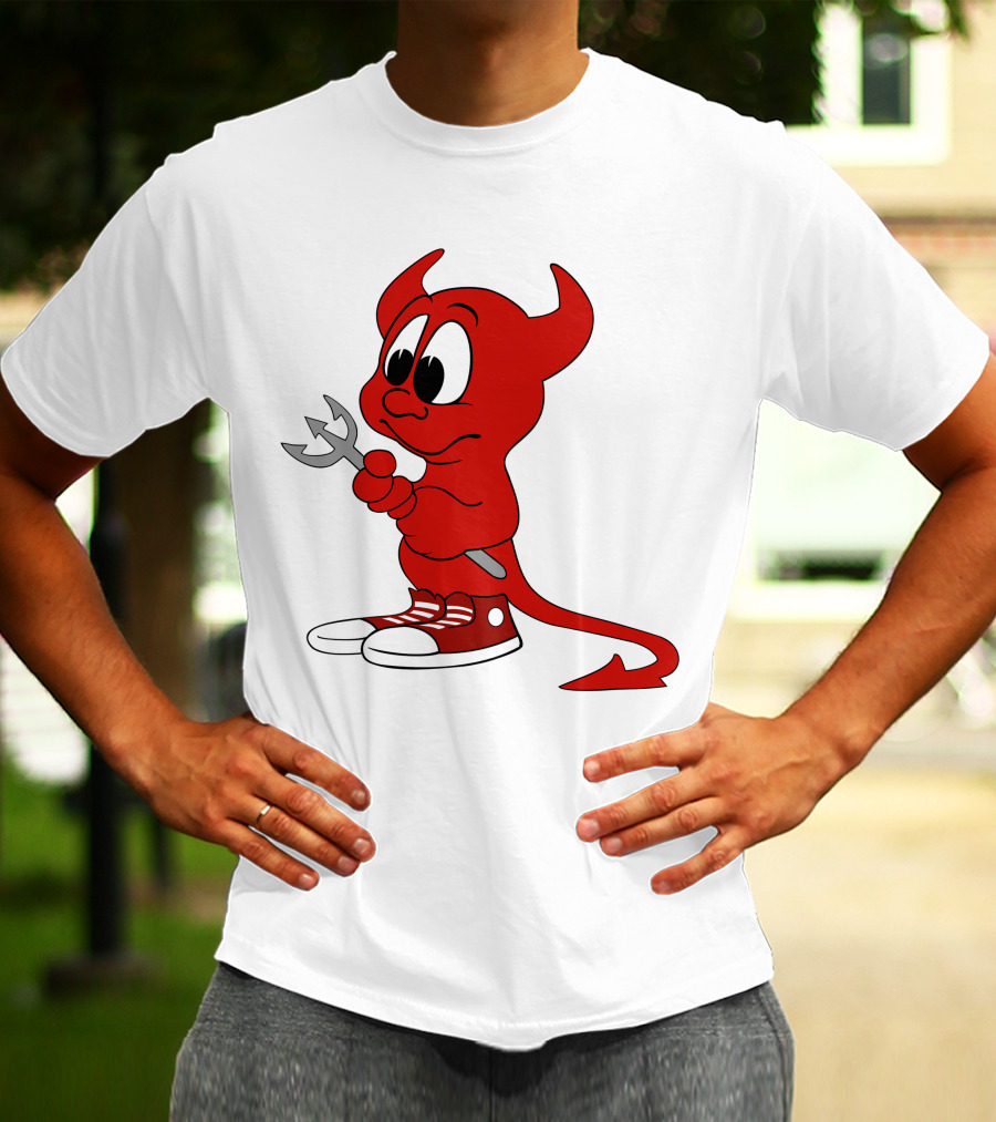 Devil In Sneakers Holding Pitch Fork Cartoon T-Shirt