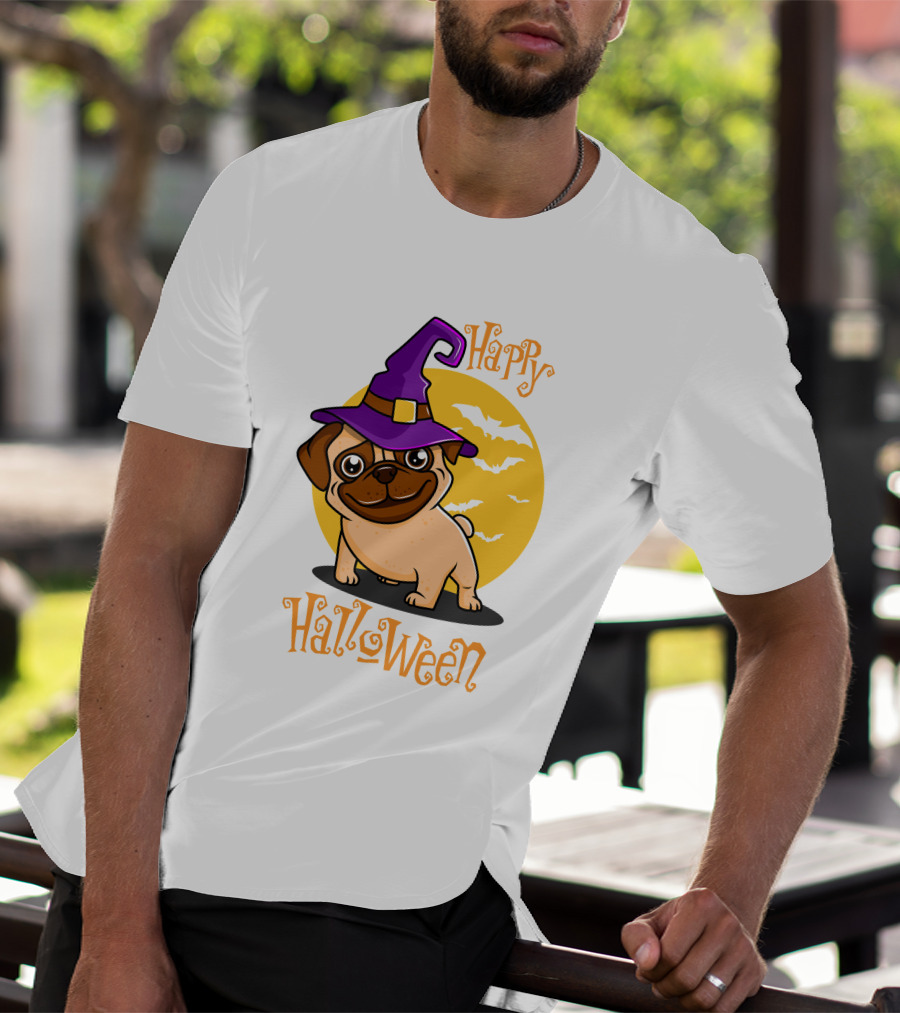 Happy Halloween Dog Witch Hat Full Moon Bats T-Shirt