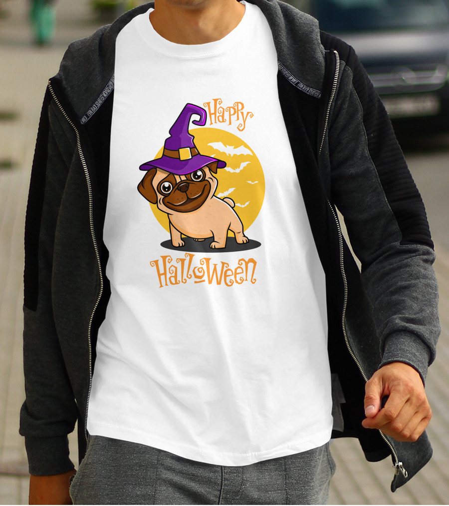 Happy Halloween Dog Witch Hat Full Moon Bats T-Shirt