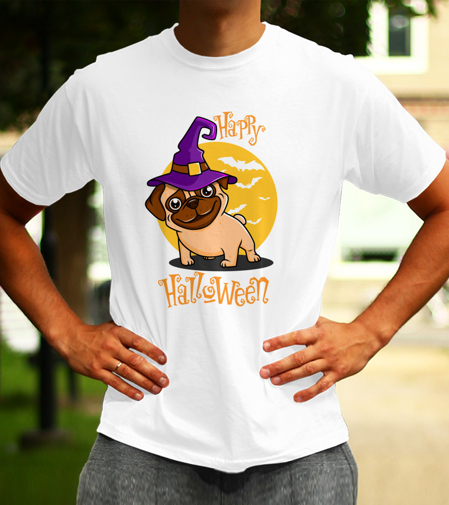 Happy Halloween Dog Witch Hat Full Moon Bats T-Shirt