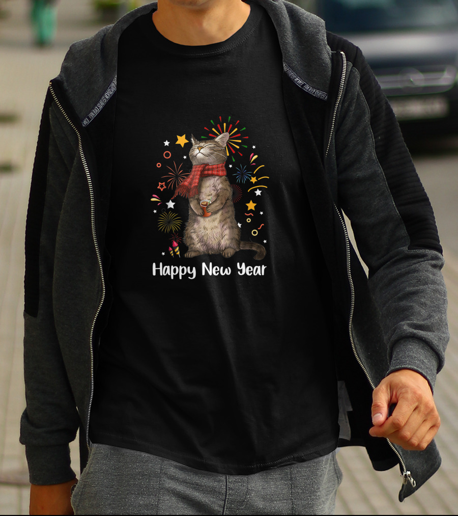 Happy New Year Cat With Fireworks And Stars T-Shirt