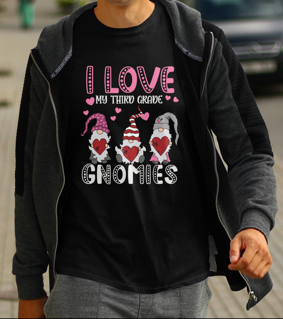 I Love My Third Grade Gnomies Hearts Pink Valentine Gnomes T-Shirt