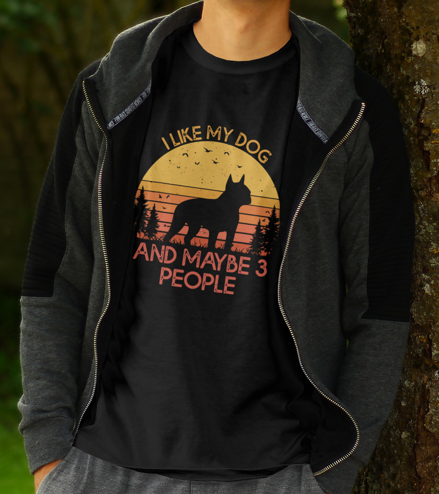 I Like My Dog And Maybe 3 People Sunset Silhouette With Trees And Birds T-Shirt