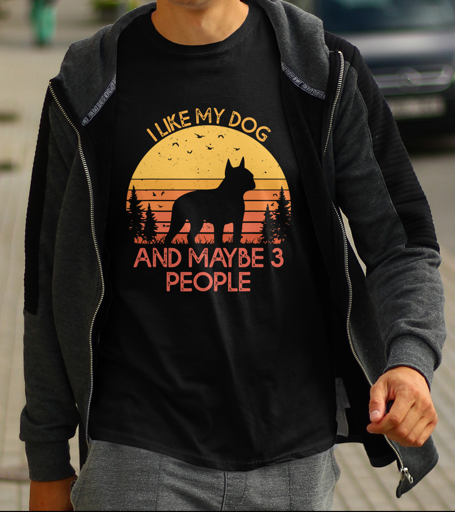 I Like My Dog And Maybe 3 People Sunset Silhouette With Trees And Birds T-Shirt