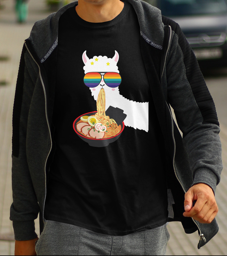 Rainbow Sunglasses LLama Eating Ramen Japanese Anime T-Shirt