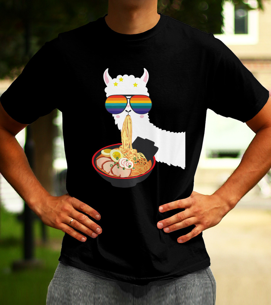 Rainbow Sunglasses LLama Eating Ramen Japanese Anime T-Shirt
